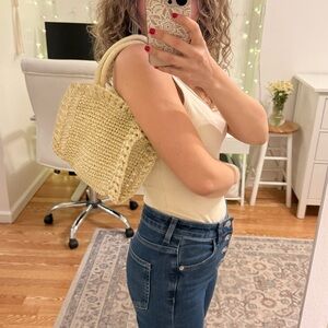 Elegant Cream Woven Tote Bag with Strap